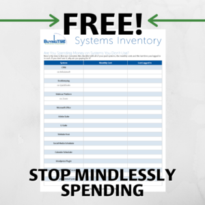 Image of a promotional flyer titled 'FREE! Systems Inventory' by Buying Time LLC, featuring a checklist to help businesses track and manage their software subscriptions. The checklist includes columns for the system name, monthly cost, and the last time logged in. The flyer encourages users to stop mindlessly spending on unused systems.