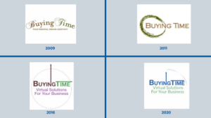 An image showcasing the evolution of the Buying Time logo over the years. The design changes are displayed in a grid format with four logos: one from 2009 with a cursive font, one from 2011 with a wreath design, one from 2016 featuring modern text with a clock element, and one from 2020 with a clean, professional style. Each logo represents the brand's growth and transformation.